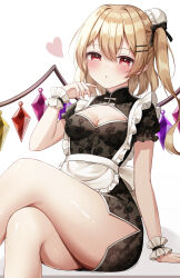 absurdres apron black_dress blonde_hair blush breasts china_dress chinese_clothes cleavage clothing_cutout crossed_legs crystal crystal_wings dress flandre_scarlet frilled_apron frills hair_between_eyes hair_bun hair_ornament hand_on_floor heart highres multicolored_wings nagicha pointy_ears red_eyes ribbon side_ponytail simple_background sitting spoken_heart thighs touhou white_background wings