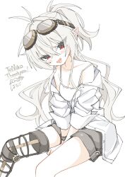 1girl :d between_legs breasts camisole closed_mouth commission fang goggles goggles_on_head grey_shorts hand_between_legs highres looking_at_viewer open_mouth original oversized_clothes pointy_ears ponytail prosthesis prosthetic_leg sentouryoku_5 shirt shorts simple_background skeb_commission small_breasts smile solo white_background white_camisole white_hair white_shirt