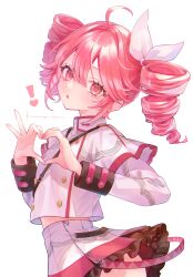 ! 1girl absurdres ahoge commentary_request drill_hair frilled_skirt frills fuyu_(xxfylia) hair_between_eyes hair_ribbon heart heart_hands highres kasane_teto looking_at_viewer parted_lips pleated_skirt red_eyes red_hair ribbon shirt simple_background skirt solo synthesizer_v twin_drills twintails white_background white_ribbon white_shirt white_skirt