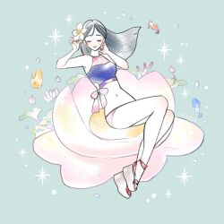 1girl adapted_costume animification black_hair chinese_clothes coral_reef fa_mulan_(disney) fish flower fush hanfu holding long_hair makeup meecosme mulan_(movie) seahorse shirt simple_background smile solo