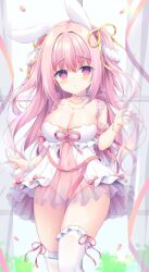 Rule 34 | 1girl, animal ears, bare shoulders, blush, bracelet, breasts, choker, cleavage, closed mouth, collarbone, fake animal ears, frills, hair ornament, hair ribbon, highres, jewelry, large breasts, lingerie, long hair, looking at viewer, navel, necklace, negligee, no panties, original, pink eyes, pink hair, purple eyes, rabbit ears, ribbon, see-through clothes, solo, stomach, thighhighs, underwear, white thighhighs, yukimura usagi