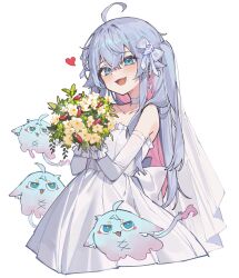 Rule 34 | 1girl, :d, ahoge, blue eyes, blue hair, blush, bouquet, bow, bridal veil, bride, chili pepper, chiriri (kagura nana), choker, colored inner hair, commentary, dress, earrings, elbow gloves, english commentary, fang, flower, gloves, hair between eyes, hair bow, heart, highres, holding, holding bouquet, indie virtual youtuber, jewelry, kagura nana, long hair, multicolored hair, nana kagura, open mouth, pointy ears, simple background, smile, solo, two-tone hair, veil, virtual youtuber, white background, white choker, white dress, white gloves