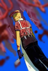 1boy bald black_pants blue_background butcher colored_skin elliot_(roblox) forsaken_(roblox) from_behind highres holding holding_knife knife looking_at_viewer male_focus pants raw_meat red_shirt red_visor roblox shirt short_sleeves simple_background solo striped_clothes striped_shirt visor_cap xom98 yellow_skin