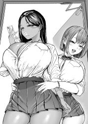 Rule 34 | 2girls, blush, bow, bowtie, bracelet, breasts, cellphone, cleavage, collared shirt, dark-skinned female, dark skin, fingernails, greyscale, gyaru, hands on another&#039;s hips, highres, holding, holding phone, huge breasts, jewelry, long hair, miniskirt, mole, mole under mouth, monochrome, multiple girls, nagisamade, open mouth, original, parted lips, phone, pleated skirt, school uniform, shirt, shirt tucked in, short hair, skirt, smartphone, thighs