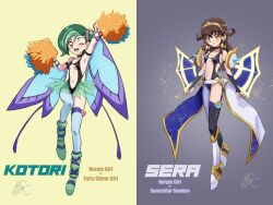 2girls adapted_costume armpits arms_up boots bridal_gauntlets brown_eyes character_name chaya_mago constellar_sombre constellar_sombre_(cosplay) cosplay dark-skinned_female dark_skin fairy_cheer_girl fairy_cheer_girl_(cosplay) full_body gold_headband green_hair hair_tubes harpie_girl_(yu-gi-oh!) harpie_girl_(yu-gi-oh!)_(cosplay) highres holding holding_pom_poms long_hair medium_hair mizuki_kotori_(yu-gi-oh!) multiple_girls one_eye_closed open_mouth pom_pom_(cheerleading) pom_poms sera_(yu-gi-oh!) single_leg_pantyhose single_thighhigh thighhighs winged_arms wings yu-gi-oh! yu-gi-oh!_zexal