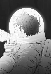 Rule 34 | 1boy, astronaut, black hair, closed eyes, curtained hair, from side, glowing, hand on another&#039;s face, hand on another&#039;s hand, hand up, head tilt, helmet, highres, holding hands, leaning on person, male focus, omniscient reader&#039;s viewpoint, out of frame, raya (000 unseen), short hair, solo, space helmet, upper body, yoo joonghyuk