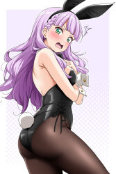 1girl ^^^ animal_ears ass bare_arms bare_shoulders black_leotard black_pantyhose blush bow bowtie braid covering_chest covering_privates detached_collar from_below green_eyes highres leotard lips long_hair looking_at_viewer looking_down love_live! love_live!_superstar!! open_mouth pantyhose playboy_bunny polka_dot polka_dot_background purple_hair rabbit_ears rabbit_tail side_braids strapless strapless_leotard tail wavy_mouth wien_margarete wrist_cuffs yopparai_oni