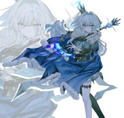 0ix_xi 1girl bat_wings blue_cape cape cerydra_(honkai:_star_rail) commentary_request crown determined fur_trim gradient_hair hair_intakes highres holding holding_staff honkai:_star_rail honkai_(series) long_hair mini_crown multicolored_hair simple_background solo staff star-shaped_pupils star_(symbol) symbol-shaped_pupils white_background white_hair wings
