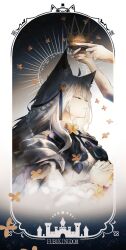 1girl 1other absurdres ahoge animal_ear_fluff animal_ears bow bowtie braid cape card_(medium) collared_shirt crossed_bangs crown double-parted_bangs extra_ears fox_ears fox_girl gold_crown gold_osmanthus highres hololive kyoko_(zeprii4) long_hair long_sleeves official_alternate_costume osmanthus own_hands_clasped own_hands_together praying shirakami_fubuki shirakami_fubuki_(saint) shirt sidelocks upper_body virtual_youtuber white_cape white_hair white_shirt