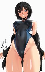 1girl :o absurdres amagami bare_shoulders belt_collar black_eyes black_hair black_jacket black_one-piece_swimsuit blue_one-piece_swimsuit blush breasts collar commentary competition_swimsuit covered_navel dated from_below gluteal_fold groin highleg highleg_one-piece_swimsuit highres jacket kibito_high_school_uniform long_sleeves looking_at_viewer medium_breasts nanasaki_ai off_shoulder one-piece_swimsuit open_clothes open_jacket paid_reward_available school_uniform short_hair signature simple_background solo swimsuit thighs two-tone_one-piece_swimsuit wet wet_clothes wet_swimsuit white_background yoo_tenchi