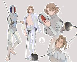 Rule 34 | 1boy, 2024 summer olympics, axis powers hetalia, bare pectorals, blonde hair, facial hair, fencing, fencing suit, fighting stance, france (hetalia), full body, gloves, goatee stubble, grey background, helmet, highres, holding, holding helmet, holding sword, holding weapon, looking at viewer, male focus, medium hair, multiple views, nipples, olympics, open clothes, open shirt, oplusplusplus, pants, pectorals, purple eyes, stubble, sword, unworn headwear, unworn helmet, upper body, wavy hair, weapon