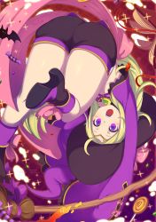1girl ass bad_id bad_pixiv_id bat_(animal) blonde_hair blush_stickers book boots breasts broom candy circlet dated detached_sleeves female_focus fire_emblem fire_emblem_awakening fire_emblem_heroes food halloween halloween_costume hat heart_pendant highres lollipop long_hair looking_at_viewer merunyaa nintendo nowi_(eternal_witch)_(fire_emblem) nowi_(fire_emblem) open_mouth patreon_username pixiv_username pointy_ears purple_boots purple_eyes sash short_shorts shorts signature sleeves_past_wrists small_breasts solo sparkle thighs upside-down wide_sleeves witch_hat