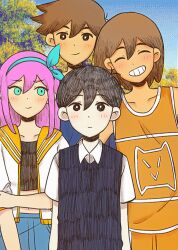 Rule 34 | 1girl, 3boys, absurdres, antenna hair, aubrey (faraway) (omori), aubrey (omori), bailan1130, black eyes, black hair, black sweater vest, blue eyes, blue hairband, blue skirt, blue sweater, blush, bright pupils, brothers, brown hair, closed eyes, closed mouth, collarbone, collared shirt, crop top, dark-skinned male, dark skin, day, denim, denim skirt, grin, hairband, hatching (texture), hero (faraway) (omori), hero (omori), highres, jacket, kel (faraway) (omori), kel (omori), long hair, looking at viewer, multiple boys, navel, omocat (style), omori, outdoors, parted lips, pink hair, shirt, short hair, short sleeves, siblings, skirt, smile, straight-on, sunny (omori), sweater, sweater vest, teeth, upper body, white jacket, white pupils, white shirt
