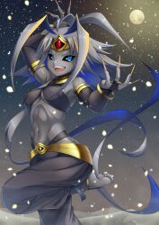 1girl antenna_hair arabian_clothes arm_behind_head black_sclera black_sky blue_eyes bracelet breasts character_request claws colored_sclera colored_skin copyright_name desert detached_sleeves falling_petals fangs feet fingernails gekato gold grey_ahir grey_skin highres jewelry long_hair medium_breasts moon mountain night one_leg_raised open_mouth petals ring sharp_fingernails sky smile soles star_(sky) teeth toe_ring upper_teeth_only very_long_hair