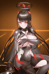 1girl absurdres areola_slip black_bodysuit black_hair black_halo blue_archive blush bodysuit breasts breasts_out bright_pupils closed_mouth covering_breasts covering_privates funky_dea1er gun hairpods halo handgun highres large_breasts long_hair looking_at_viewer m1911 multicolored_bodysuit official_alternate_costume official_alternate_hairstyle ponytail red_eyes rio_(blue_archive) rio_(bodysuit)_(blue_archive) sitting solo sweat torn_bodysuit torn_clothes very_long_hair weapon white_pupils