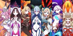 +_+ absurdres animal_ear_fluff animal_ears aqua_hair aqua_pantyhose armlet armor armored_bodysuit bare_shoulders bikini_armor black_armor black_bodysuit black_hair black_horns black_sclera blonde_hair blue_eyes blue_fire blue_nails blue_pantyhose blue_skin body_markings bodysuit breasts buttons cape check_commentary chest_tattoo cleavage coat collar colored_inner_hair colored_sclera colored_skin commentary commentary_request curtained_hair detached_collar double_bun dragon_horns dress earrings ereshkigal_(fate) extra_ears facial_mark fangs fate/grand_order fate_(series) fire flower forehead_mark fox_ears fox_girl frills fur-trimmed_kimono fur_trim gradient_skin green_pantyhose hair_between_eyes hair_bun hair_ribbon hand_on_own_chest hat headpiece highres horns japanese_clothes jewelry kama_(fate) kama_(third_ascension)_(fate) kimono kitsune koyanskaya_(assassin)_(third_ascension)_(fate) koyanskaya_(fate) koyanskaya_(lostbelt_beast:iv)_(fate) kujiramaru large_breasts large_horns larva_tiamat_(fate) tiamat_(third_ascension)_(fate/grand_order) leotard long_hair long_horns long_sleeves looking_at_viewer lotus medium_breasts metal_bracelet metal_collar multicolored_hair multiple_animal_ears nail_polish navel nero_claudius_(fate) pantyhose parted_bangs pink_eyes pink_hair pink_ribbon pointy_ears pteruges puff_and_slash_sleeves puffy_sleeves queen_draco_(fate) queen_draco_(third_ascension)_(fate) rabbit_ears red_eyes red_scales ribbon rope sessyoin_kiara short_dress shoulder_plates shrug_(clothing) sidelocks single_leg_pantyhose smile space_ereshkigal_(fate) space_ereshkigal_(third_ascension)_(fate) stomach_tattoo symbol-shaped_pupils tamamo_(fate) tattoo thighhighs thighlet tiamat_(fate) tiamat_(third_ascension)_(fate/grand_order_arcade) two-tone_one-piece_swimsuit very_long_hair white_coat white_dress white_hair white_hat white_kimono white_leotard x-shaped_pupils yellow_eyes