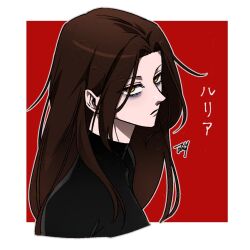Rule 34 | 1girl, bags under eyes, bbabbamis2, black shirt, borrowed character, brown hair, heroine (homicipher), homicipher, long hair, looking at viewer, red background, shirt, simple background, translation request, turtleneck, upper body, yellow eyes
