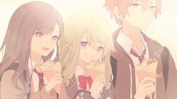 1boy 2girls :d :o :t backpack bag black_hair blonde_streaks blue_hair blue_necktie blush bow bowtie cardigan closed_mouth collared_shirt crepe diagonal-striped_clothes diagonal-striped_necktie earrings eating food fruit gradient_hair green_eyes green_hair hair_between_eyes hair_ornament hairclip highres holding holding_crepe holding_food holding_phone hood hoodie jacket jewelry kamiyama_high_school_uniform_(project_sekai) kusanagi_nene long_hair long_sleeves looking_ahead looking_at_another low-tied_sidelocks multicolored_hair multiple_girls necktie open_cardigan open_clothes open_hoodie open_jacket open_mouth orange_eyes orange_hair phone project_sekai purple_eyes red_bow red_bowtie school_uniform shinonome_akito shiraishi_an shirt short_hair sidelocks simple_background smile star_(symbol) star_hair_ornament strawberry streaked_hair striped_clothes swept_bangs upper_body white_shirt yuki72611