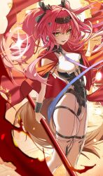 1girl absurdres armor black_bow bodysuit boots bow breastplate breasts collar commentary earrings hair_bow hair_ornament hairband headgear highres holding holding_polearm holding_weapon jewelry large_breasts long_hair looking_at_viewer lupa_(wuthering_waves) metal_collar metal_hairband multiple_hair_bows pink_hair polearm red_hair red_pupils red_sash rena_(rena_emc2) sash smile solo thigh_boots weapon white_bodysuit white_boots wrist_guards wuthering_waves yellow_eyes