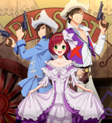belt brown_eyes brown_hair clothes_lift coat cowboy_hat curtsey date_masamune dress dual_wielding eyepatch frilled_dress frilled_skirt frills green_eyes gun hair_ribbon handgun hat holding holster hosokawa_gracia kajiwara_io long_skirt pistol red_hair revolver ribbon saika_magoichi sengoku_musou shirt skirt skirt_lift smile strapless strapless_dress swept_bangs vest weapon white_shirt