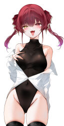 1girl absurdres bare_shoulders heterochromia highres hololive houshou_marine off_shoulder open_mouth red_eyes red_hair short_hair simple_background solo standing tongue twintails virtual_youtuber yellow_eyes yukineko1018