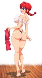 1girl ass back bare_shoulders barefoot blue_eyes blush braid breasts crop_top feet from_behind full_body genderswap genderswap_(mtf) highres large_breasts legs lips long_hair looking_back narrow_waist ranma-chan ranma_1/2 red_hair saotome_ranma shiny_skin simple_background smile soles solo standing suiren_ciao thong tiptoes underboob white_background wooden_floor