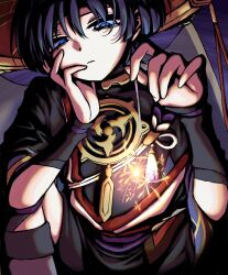 Rule 34 | 1boy, armor, black bodysuit, black hair, black shorts, black sleeves, blunt ends, bodysuit, elbow on knee, empty eyes, fireworks, genshin impact, gold, gold trim, grey veil, hand on own face, hands up, hat, highres, holding, holding fireworks, japanese armor, japanese clothes, jewelry, jingasa, juban, kimono, kote, kurokote, layered sleeves, looking at object, looking down, male focus, mitsudomoe (shape), neck ring, open clothes, open kimono, purple background, purple eyes, purple rope, purple sash, purple sleeves, red hat, red kimono, rope, sash, scaramouche (genshin impact), see-through clothes, see-through veil, shimenawa, short sleeves, shorts, simple background, sitting, solo, sparkler, spread legs, tassel, tomoe (symbol), tuyu name4, veil, white kimono, white rope, wispy bangs