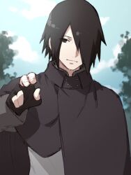 1boy asuna_(doruru-mon) bad_id bad_pixiv_id black_coat black_eyes black_gloves black_hair blue_sky boruto:_naruto_next_generations closed_mouth cloud cloudy_sky coat fingerless_gloves gloves grey_shirt hair_over_one_eye long_sleeves looking_at_viewer male_focus medium_hair naruto_(series) ninja outdoors shirt sky smile solo uchiha_sasuke upper_body