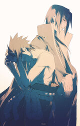 2boys bandaged_torso brothers crying from_side grimace hand_on_own_head japanese_clothes light_particles male_focus monochrome multiple_boys naruto_(series) short_hair siblings simple_background tears uchiha_itachi uchiha_sasuke user_tmsf7747 white_background wiping_tears