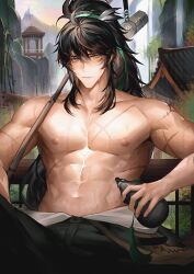 1boy abs black_hair closed_mouth fishing_rod green_ribbon grey_eyes hair_ornament hair_ribbon hair_stick highres holding holding_fishing_rod long_hair looking_at_viewer male_focus muscular muscular_male pectorals ponytail qiuyuan_(wuthering_waves) ribbon scar scar_on_arm scar_on_chest sidelocks sitting solo sweat tappeee topless_male upper_body wuthering_waves