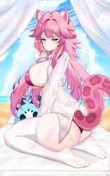 1girl absurdres animal_ears ass beach bikini blue_sky blush breasts chattino_(raora_panthera) closed_mouth commentary curtains day english_commentary hair_intakes hand_in_own_hair highres hololive hololive_english huge_breasts long_hair long_sleeves ocean panther_ears panther_girl panther_tail pink_bikini pink_hair raora_panthera sand seiza shirt sitting sky swimsuit sylix44 tail thighhighs thighs twisted_torso virtual_youtuber white_shirt white_thighhighs yellow_eyes
