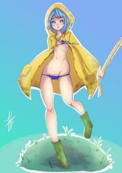 Rule 34 | 1girl, absurdres, bead necklace, beads, blue eyes, blue hair, boots, cane, cross, cross necklace, green boots, highres, holding, holding cane, hood, hood up, jewelry, jubilee 2025, latin cross, luce (jubilee 2025), naked raincoat, navel, necklace, open mouth, raincoat, rubber boots, short hair, solo, varoz, yellow raincoat