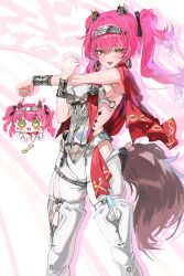 Rule 34 | 1girl, :d, armor, black bow, bodysuit, boots, bow, breastplate, breasts, commentary, earrings, hair bow, highres, jewelry, long hair, looking at viewer, lupa (wuthering waves), medium breasts, open mouth, pink hair, red pupils, red sash, sash, smile, solo, sonchi, stretching, symbol-only commentary, tacet mark (wuthering waves), tail, thigh boots, white bodysuit, white boots, wolf tail, wrist guards, wuthering waves, yellow eyes