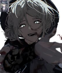 1girl :d backlighting black_hat blood blood_on_face grey_eyes grey_hair hair_bun hand_up hat highres looking_at_viewer nosebleed open_mouth outstretched_arm portrait reference_inset reverse:1999 single_side_bun smile solo teeth vertin_(reverse:1999) white_background wilson_(wilson1151487)