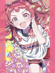 Rule 34 | 1girl, animal background, bike shorts, bike shorts under shorts, black socks, blue eyes, blush, border, double bun, floating hair, gakuen idolmaster, gym shirt, gym shorts, hair bun, hanami saki, hand up, highres, idolmaster, leg up, lion, long hair, long sleeves, motion lines, open mouth, pink border, polka dot, polka dot background, red hair, red shorts, running, shirt, shoes, shorts, smile, sneakers, socks, solo, sparkle, speed lines, star (symbol), takada (pixiv 97599311), teeth, two side up, upper teeth only, v-shaped eyebrows, white shirt, zipper, zipper pull tab
