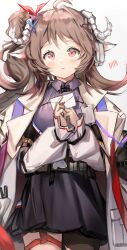 1girl absurdres animal_ears arknights black_skirt breasts brown_hair coat cowboy_shot eyjafjalla_(arknights) highres holding holding_letter horns letter long_hair nopetroto parted_lips pink_eyes simple_background skirt solo white_background white_coat white_horns
