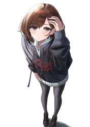 1girl :/ black_pantyhose black_shirt black_shoes blush brown_hair commentary grey_skirt highres higuchi_madoka idolmaster idolmaster_shiny_colors loafers long_sleeves looking_at_viewer mole mole_under_eye pantyhose pleated_skirt ritug36k school_uniform shirt shoes short_hair simple_background skirt solo white_background