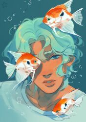 Rule 34 | 1boy, absurdres, aircraft, blue eyes, blue shirt, cove holden, curly hair, fish, green hair, head tilt, highres, koi, looking at viewer, male focus, moonfloat, one eye covered, open mouth, our life, our life: beginnings and always, portrait, shirt, solo, sparkling eyes, water