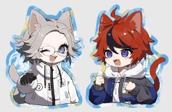 2boys :d ahoge animal_ears aotsuki_eito black_gloves black_streaks blue_eyes blue_jacket breast_pocket brown_hair cat_ears cat_tail chibi chibi_only clenched_hands cropped_torso drawstring fangs glasses gloves grey_jacket hands_up highres hood hoodie jacket kemonomimi_mode male_focus multicolored_hair multicolored_jacket multiple_boys one_eye_closed open_mouth outline pocket pointing pointing_at_viewer red_hair short_hair simple_background smile sparrowhabird streaked_hair tail teeth the_hundred_line_-last_defense_academy- two-tone_jacket upper_teeth_only white_background white_hoodie white_jacket