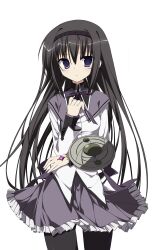 1girl 2000s_(style) :o absurdres akemi_homura akemi_homura_(magical_girl) argyle_clothes argyle_pantyhose back_bow black_capelet black_hair black_hairband black_pantyhose bow bowtie capelet chinese_commentary circle_skirt collared_capelet commentary_request cowboy_shot dot_nose dress expressionless floating_clothes frilled_skirt frills gem hairband hand_jewel hand_on_own_chest hand_on_own_hip high_collar highres layered_sleeves light_blush liuxiangyun20993 long_hair long_sleeves looking_at_viewer mahou_shoujo_madoka_magica mahou_shoujo_madoka_magica_(anime) miniskirt pantyhose parted_lips pleated_skirt purple_bow purple_bowtie purple_capelet purple_eyes purple_gemstone purple_skirt shield short_dress simple_background skirt speech_bubble standing studded_hairband tsurime two-tone_capelet very_long_hair white_background white_dress