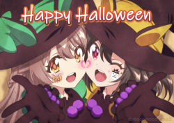 2girls ;d black_dress black_gloves black_hair black_headwear braid brown_eyes brown_hair cheek-to-cheek commentary crown_braid dress english_text facial_tattoo ghost gloves half_up_braid halloween halloween_costume happy_halloween hat heads_together horse_girl jack-o&#039;-lantern kitasan_black_(umamusume) long_hair looking_at_viewer multiple_girls one_eye_closed open_mouth puffy_short_sleeves puffy_sleeves reaching reaching_towards_viewer red_eyes satono_diamond_(umamusume) short_sleeves smile symmetrical_hand_pose tattoo tsuji_tomoko twitter_username umamusume witch_hat