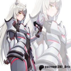 Rule 34 | 1girl, animal ear fluff, animal ears, arm up, armor, arms behind back, artist name, black bodysuit, bodysuit, bodysuit under clothes, breasts, cat ears, cat girl, closed mouth, commentary, english commentary, large breasts, looking at viewer, m (xenoblade), patreon username, red bodysuit, solo, standing, two-tone bodysuit, xenoblade chronicles (series), xenoblade chronicles 3, yellow eyes, z-ki, zoom layer