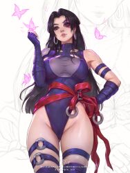 1girl absurdres black_hair blondynkitezgraja breasts gloves highleg highleg_leotard highres jewelry large_breasts leotard long_hair looking_at_viewer marvel marvel_rivals psylocke psylocke_(vengeance) purple_eyes sash solo superhero_costume thighhighs x-men