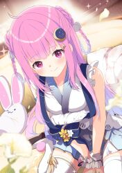 1girl absurdres ahoge arms_between_legs between_legs blue_bow blue_skirt blunt_bangs blurry blurry_background blurry_foreground blush bow braid breasts closed_mouth commission crescent crescent_hair_ornament depth_of_field dutch_angle falling_petals flower frilled_kimono frills hair_ornament hair_rings hand_between_legs highres japanese_clothes kimono long_hair looking_at_viewer medium_breasts original petals pink_eyes pink_hair pleated_skirt pom_pom_(clothes) pom_pom_hair_ornament rabbit sandals sash shiro9jira shirt short_kimono side_braids sidelocks single_wrist_cuff sitting skeb_commission skirt sleeveless sleeveless_kimono smile solo sparkle star_(symbol) stuffed_animal stuffed_rabbit stuffed_toy thighhighs twin_braids v_arms very_long_hair virtual_youtuber wariza white_flower white_kimono white_thighhighs wrist_cuffs yellow_flower
