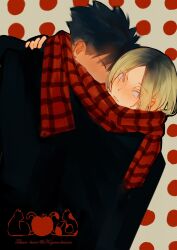 2boys arm_around_shoulder black_coat black_hair blonde_hair blush cat character_name closed_mouth coat commentary_request couple covered_mouth gradient_hair haikyuu!! highres kozume_kenma kuroo_tetsurou looking_to_the_side male_focus multicolored_hair multiple_boys parted_lips plaid_clothes plaid_scarf polka_dot polka_dot_background red_scarf scarf shared_clothes shared_scarf short_hair sideways_glance smile spiked_hair yaoi yellow_eyes yixixi