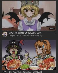 3others absurdres black_hair black_wings blonde_hair closed_eyes closed_mouth collared_shirt commentary english_commentary english_text eye_print food highres holding holding_spork len&#039;en looking_at_another looking_at_viewer looking_to_the_side m40u magnet meme messy mukbang multiple_others nikocado_avocado open_mouth orange_eyes other_focus pasta purple_vest senri_tsurubami shirt short_hair spaghetti spork star_(symbol) star_print sweatdrop umatachi_tsugumi upper_body vest white_shirt why_i_am_scared_of_nikocado_avocado_(meme) wings youtube zuifeng_tenkai