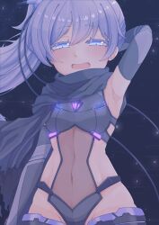 1girl armpits blue_eyes blush breasts cowboy_shot elbow_gloves fuyu_1214 gloves groin half-closed_eyes highres long_hair looking_at_viewer navel night ongeki open_mouth scarf sky small_breasts solo star_(sky) takase_rio twintails