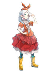 Rule 34 | 1girl, aqua thighhighs, boots, closed mouth, commentary, cosplay, dress, frieren, full body, googly eyes, green eyes, grey thighhighs, hand on own hip, hand up, highres, light blush, light smile, long hair, looking at viewer, monogatari (series), multicolored dress, ononoki yotsugi, ononoki yotsugi (cosplay), orange dress, orange headwear, petticoat, pink dress, pointy ears, puffy short sleeves, puffy sleeves, red dress, rubber boots, rumo 2234, short eyebrows, short sleeves, simple background, smile, solo, sousou no frieren, standing, thick eyebrows, thighhighs, twintails, v, v over head, white background, white hair, yellow boots