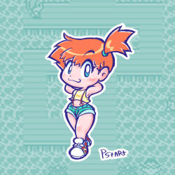 1girl :3 armpits arms_behind_head arms_up blue_eyes blue_shorts blush breasts bright_pupils chibi closed_mouth crop_top denim denim_shorts gen_1_pokemon green_shorts gym_leader looking_at_viewer midriff misty_(pokemon) navel nintendo orange_hair pokemon pokemon_(anime) pokemon_(classic_anime) pokemon_rgby ponytail shirt shoes short_hair short_shorts shorts side_ponytail sleeveless sleeveless_shirt smile sneakers solo standing suspenders tank_top thighs yellow_shirt