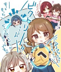 &gt;:) 5girls :d =_= ahoge aizawa_kazuha assault_lily asymmetrical_hair black_thighhighs blue_eyes blue_hair blue_skirt blunt_bangs blush bottle bow bowl brown_bow brown_hair closed_eyes commentary crossed_bangs egg_(food) eighth_note emphasis_lines food green_eyes grey_eyes grey_hair hair_bow hair_ornament hairclip hatsukano_yo high_ponytail highres holding holding_bottle holding_tray iijima_renka looking_at_another looking_at_object looking_at_viewer low_side_ponytail medium_hair motion_lines multicolored_hair multiple_girls musical_note nose_blush objectification open_mouth parted_lips pink_shirt ponytail red_hair red_shirt ring-con ring_fit_adventure sasaki_ran serizawa_chikaru shirt shirt_tucked_in side_ponytail skirt smile sparkle speech_bubble spoken_musical_note star_(symbol) star_hair_ornament streaked_hair sweatdrop thighhighs translated tray two-tone_background v-shaped_eyebrows white_background yellow_background yellow_eyes yellow_shirt yubari_lemon_(lemonlilie)